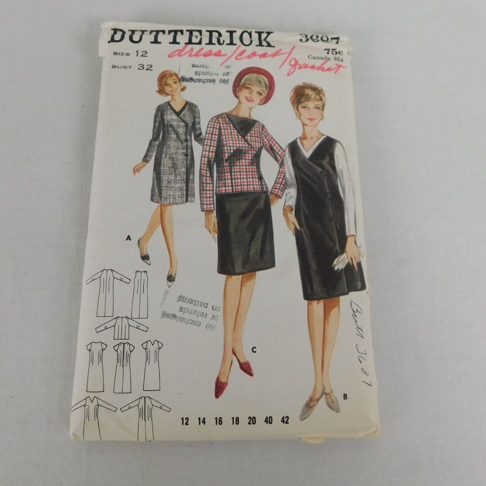 Butterick 3687 Sewing Pattern Women Size 12 Bust 32 Dress Coat Jacket Vtg Uncut